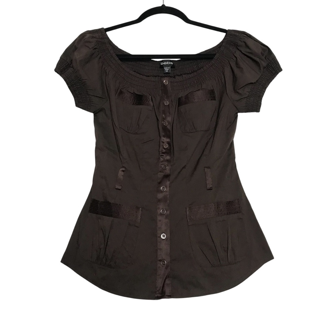 Bebe Womens Y2K Coquette Forest Fairy Brown Silk Blend Smocked Button Up Top XS